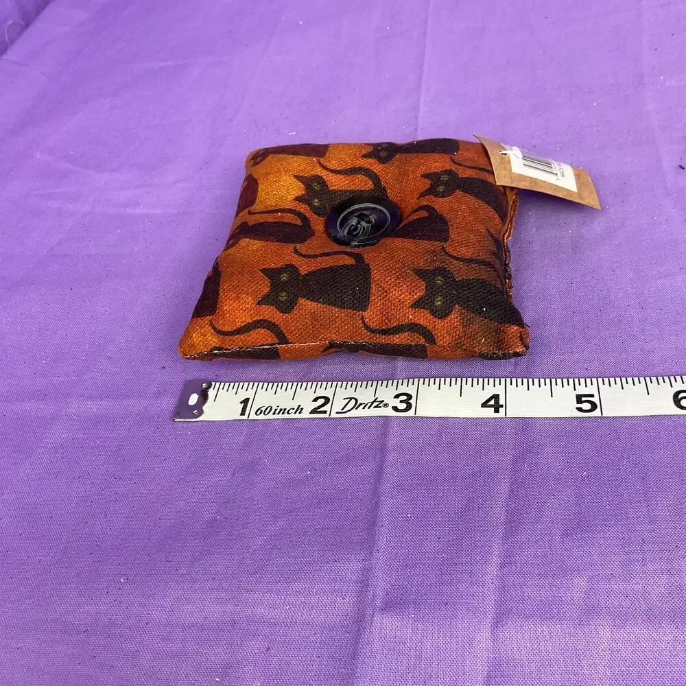 Collins Halloween Fabric Bowl Filler Pillow Orange Black Cat Print Button Accent